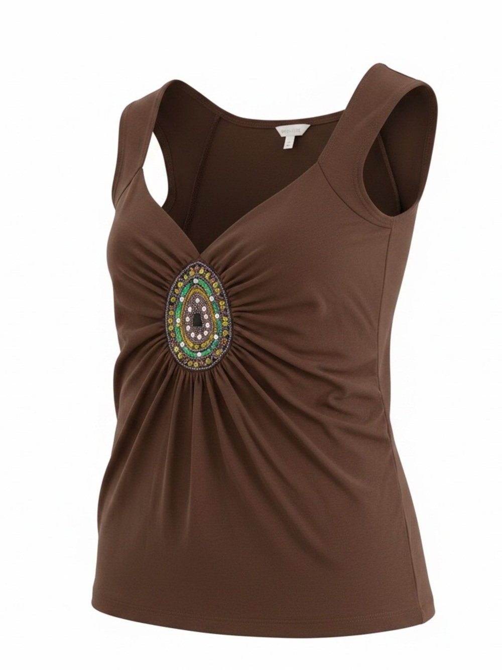 Candy‎ Rain Y2K Sleeveless Too Sz M Ruched Rhinestone Medallion Brown